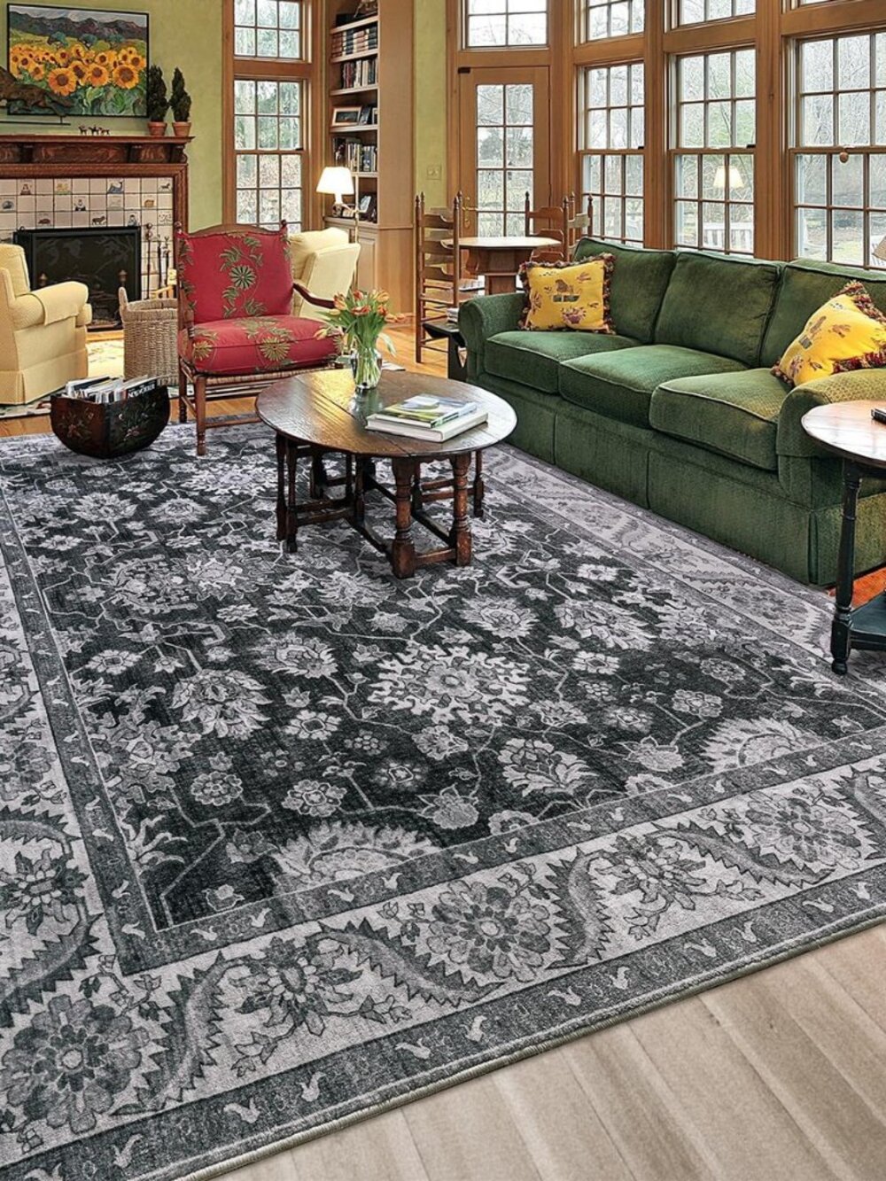 Area Rugs for Living Room, 6x9 Washable Area Rug for Bedroom, Retro Floral